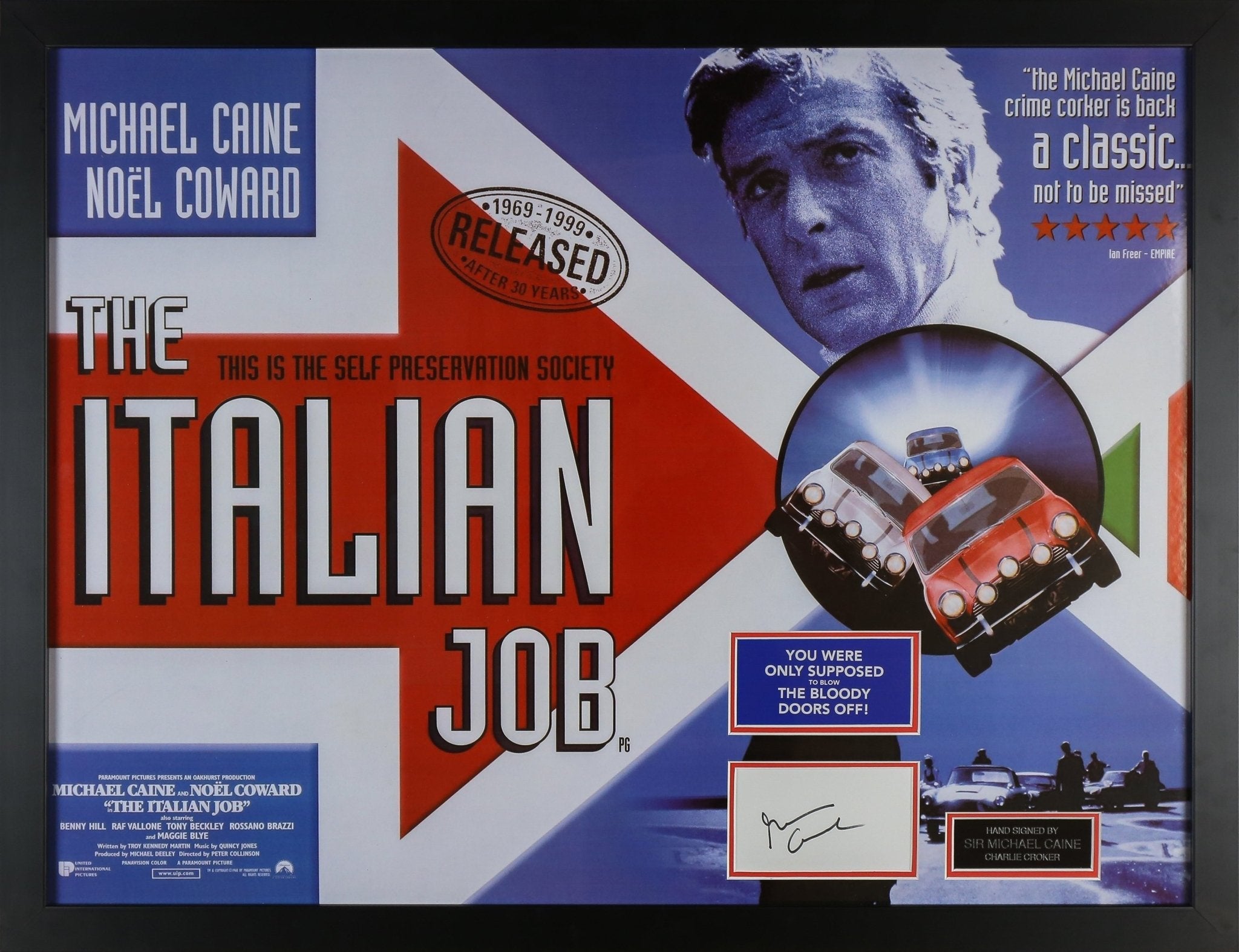 Michael Caine Signed Italian Job Whitecard Framed Display - Memorabilia Framers Shop